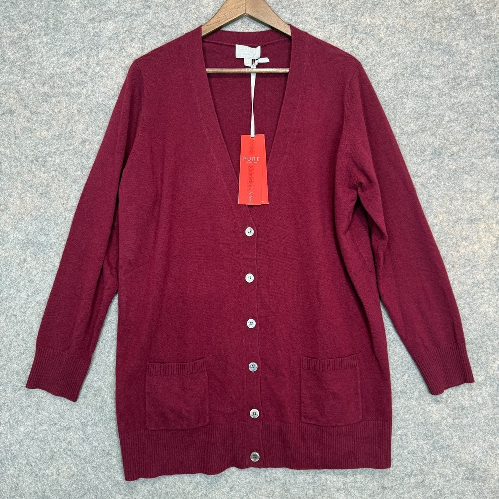 Pure Collection 100% Cashmere Boyfriend Cardigan Sweater Womens US 18 Dark Red